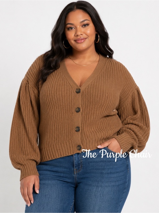 Eloquii Sweaters - ELOQUII Camel Chunky Knit Balloon Sleeve Button Front Sweater 22/24